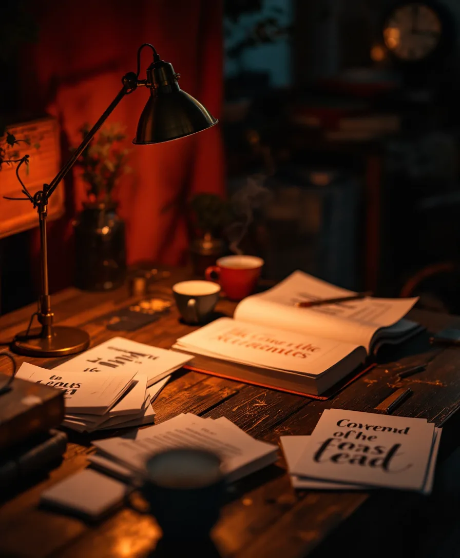 A book cover studio bench at dusk, proofs and sketches under a warm brass lamp