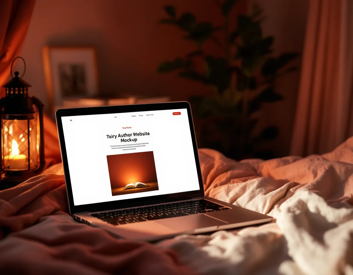 A laptop showing an author website beside printed covers